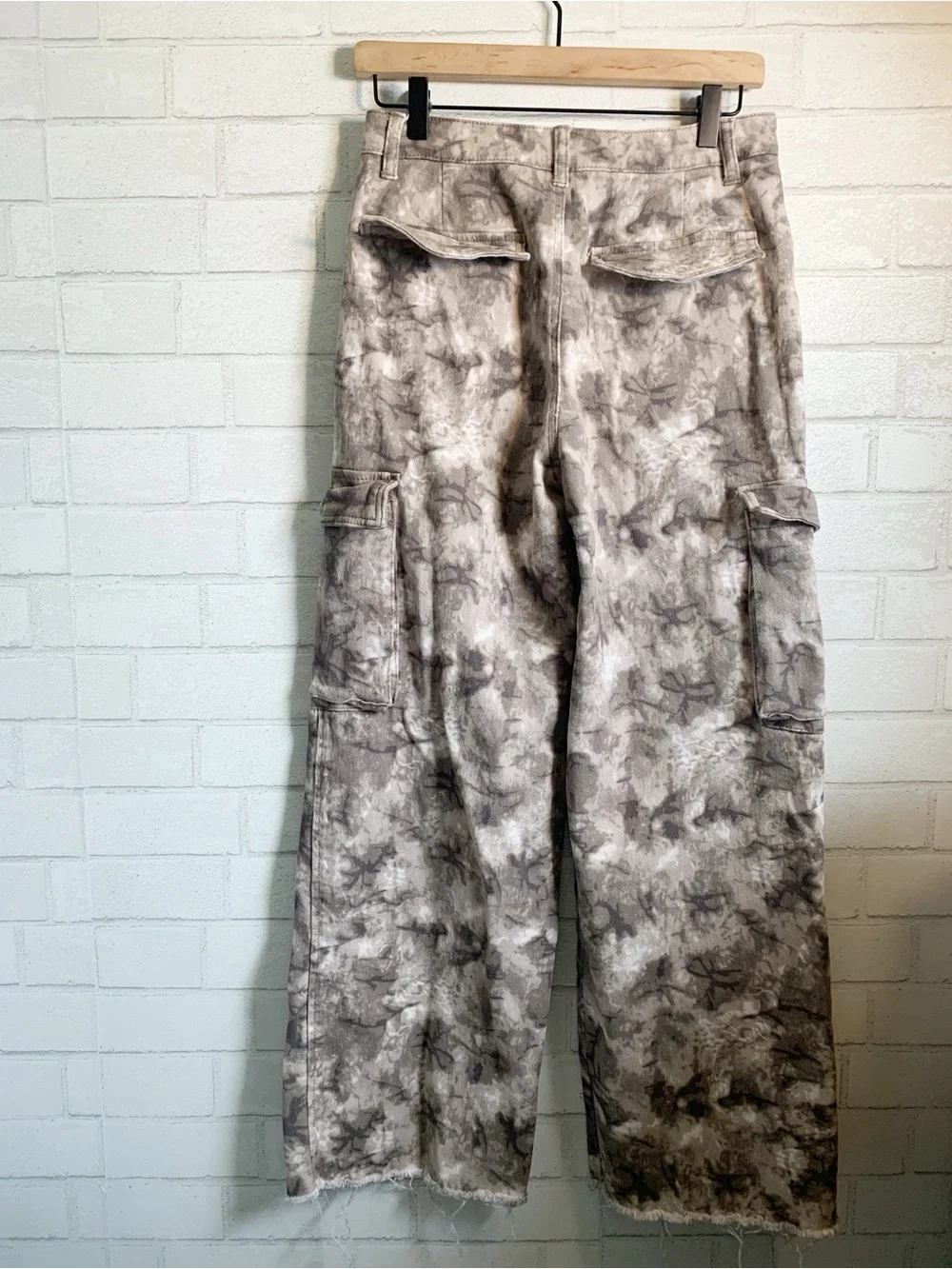 Banjara Y2K Lightning Marble Paint Wide-Leg Cargo Pants in Taupe Gray White